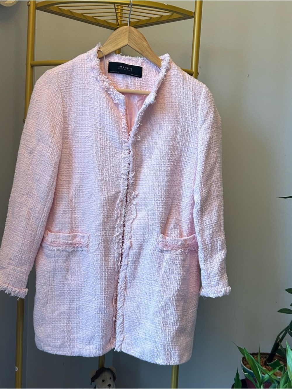 Zara women’s spring Pink Tweed Collarless front welt pockets Coat size M - Picture 3 of 8